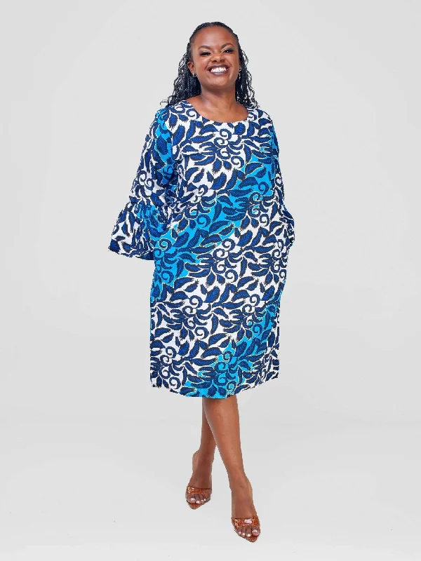 Midi dresses with button - front designs for a classic touch African Ankara Dress - Blue / White Print Midi dresses with button - front designs for a classic touch African Ankara Dress - Blue / White Print