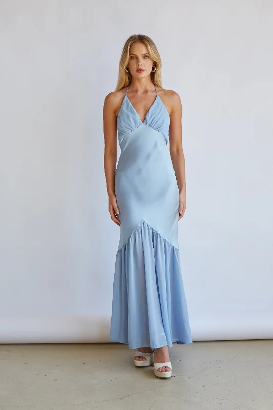 Velvet midi dresses in jewel tones for a glamorous winter event Lucinda Halter V-Neck Open Back Satin Midi Dress