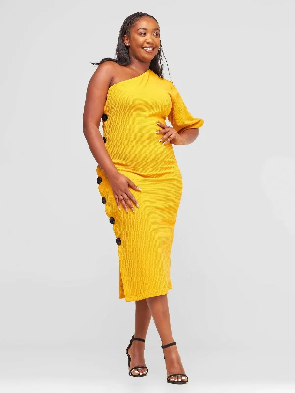 Midi dresses with asymmetric hems for a fashion - forward and dynamic appearance Aimee Dress - Mustard Midi dresses with asymmetric hems for a fashion - forward and dynamic appearance Aimee Dress - Mustard