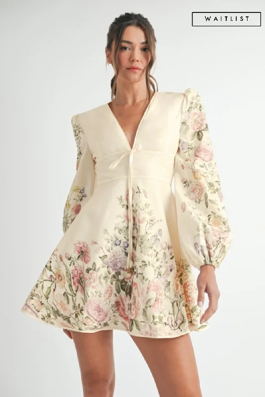 Linen mini dresses for a breathable summer option Waitlist 4/2 ♥ Valerie Long Sleeve Floral Print Flared Mini Dress Cream