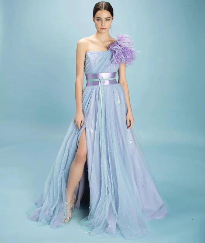 Mini dresses with bow accents for a sweet look Fantasia Beads and Feathers Gown