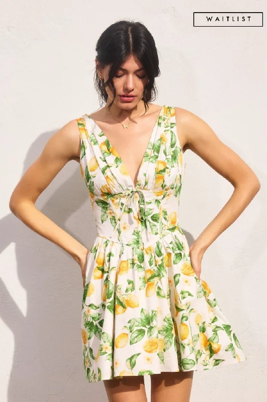 Mini dresses with cold - shoulder designs Waitlist 4/30 ♥ Susie Sleeveless Corset Lemon Print Mini Dress Yellow