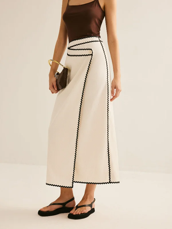 Home - Wear Casual Dresses for Comfort at Home​ Cotton & Linen Wave Trim Midi Skirt
