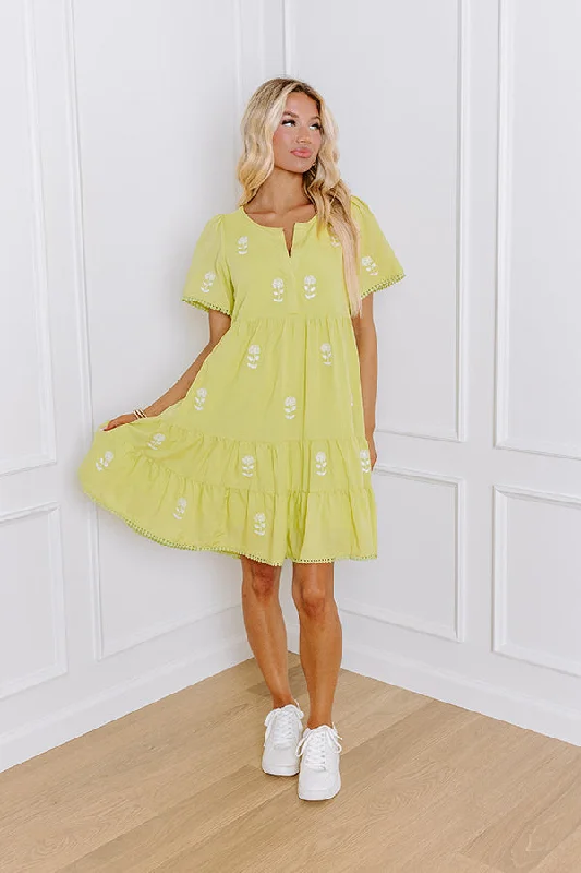 Mini dresses with tassel accents for a fun touch French Farmhouse Embroidered Mini Dress in Lime Punch
