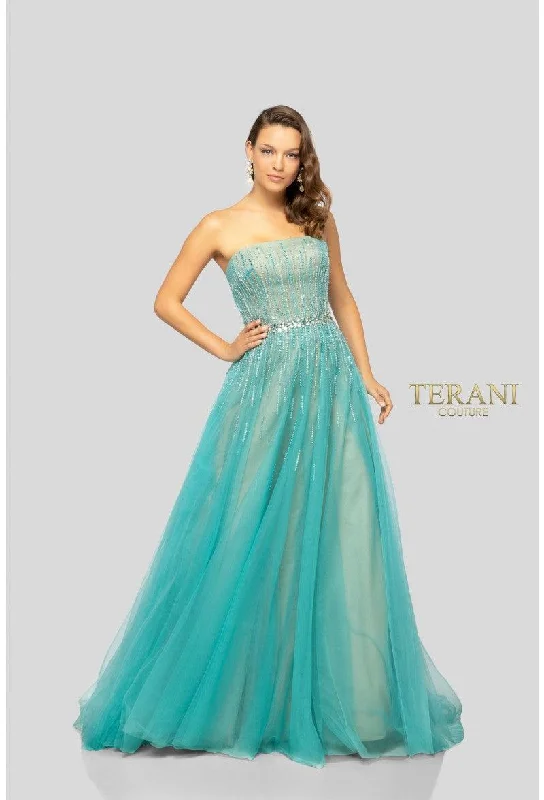 Embroidered wedding dresses with metallic threads​ Terani Couture 1912P8557 Strapless Long Prom Dress