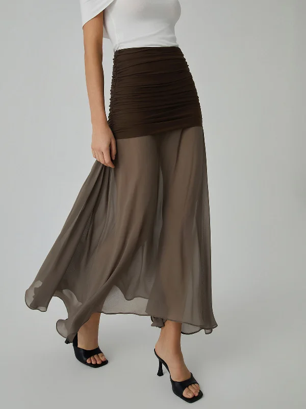 Plus - Size Casual Dresses for a Comfortable Fit​ Net Chiffon Sheer Panel Maxi Skirt