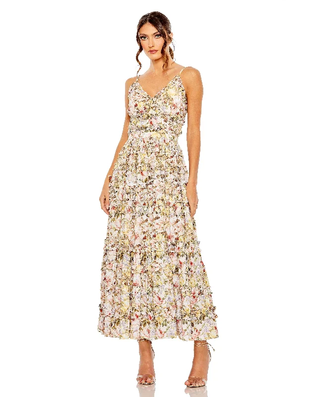 Bohemian style maternity dress for beach weddings Mac Duggal 8026 Long Spaghetti Strap Floral Print Formal Dress