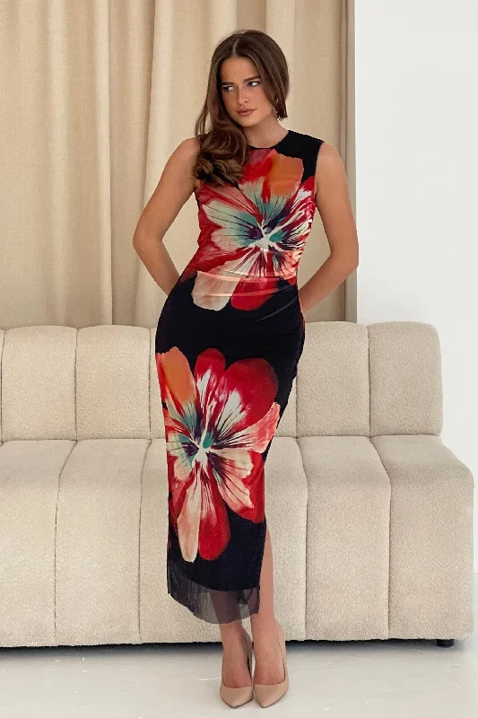 Midi dresses with ruffled hems for a romantic date night Sonnet Ruched Waist Sleevless Mesh Midi Dress Black Midi dresses with ruffled hems for a romantic date night Sonnet Ruched Waist Sleevless Mesh Midi Dress Black