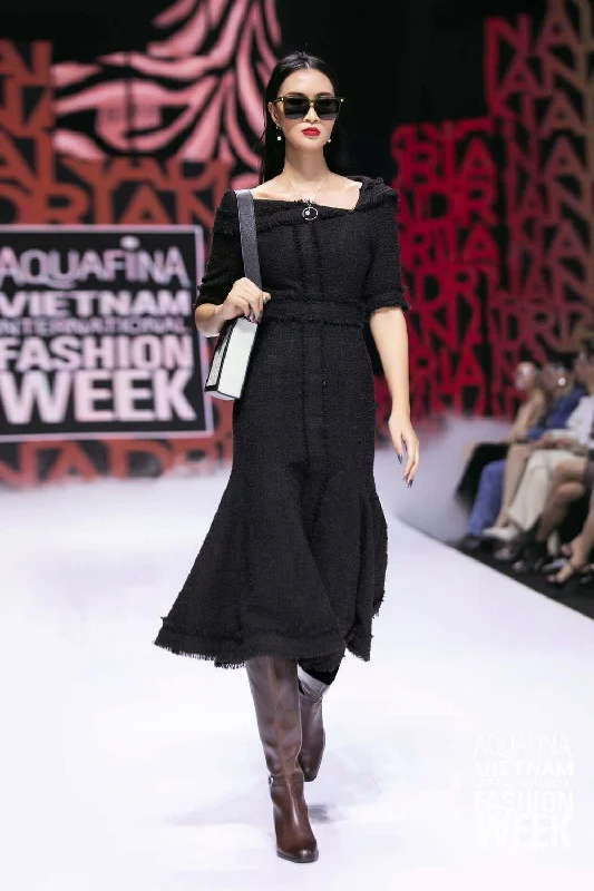 Midi dresses with puff sleeves for a vintage - inspired look Travis Asymmetric Neck Dress