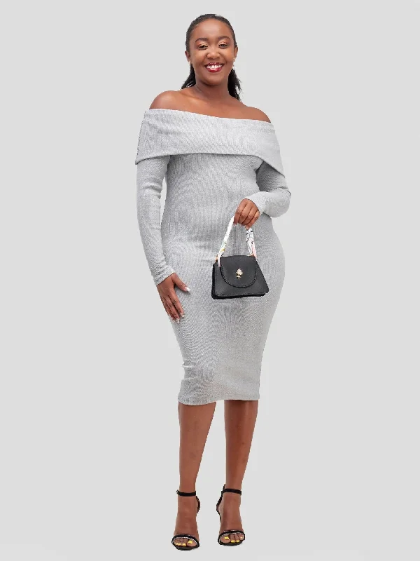 Midi dresses with off - the - shoulder necklines for a flirty look Chic Plug Off - Shoulder Dress - Grey Midi dresses with off - the - shoulder necklines for a flirty look Chic Plug Off - Shoulder Dress - Grey