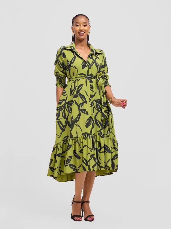 Midi dresses with geometric cutouts for a contemporary and edgy look Vivo Serwa Flounce Dress - Lime / Black Kele Print