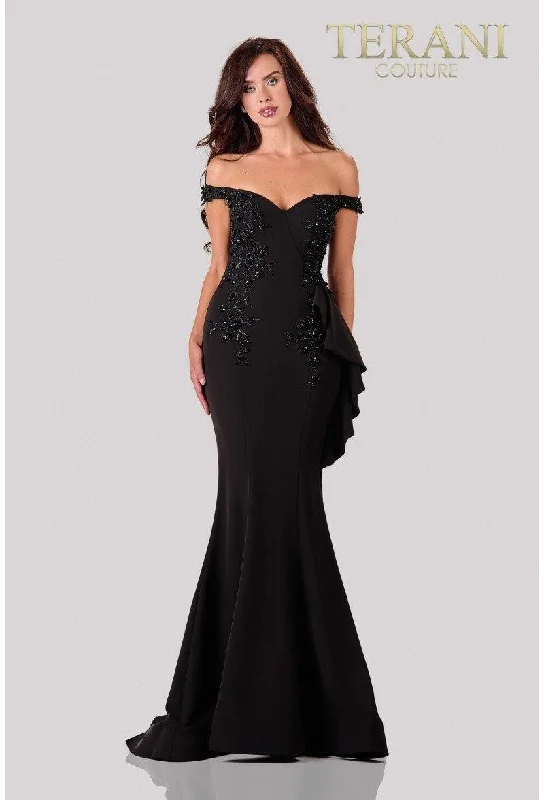 Off - the - shoulder wedding dresses with ruffled sleeves Terani Couture 2111E4732 Off Shoulder Long Evening Dress Off - the - shoulder wedding dresses with ruffled sleeves Terani Couture 2111E4732 Off Shoulder Long Evening Dress