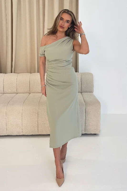 Sheath midi dresses with beaded embellishments for a formal occasion Donna Asymmetric Neckline Midi Dress Sage Sheath midi dresses with beaded embellishments for a formal occasion Donna Asymmetric Neckline Midi Dress Sage