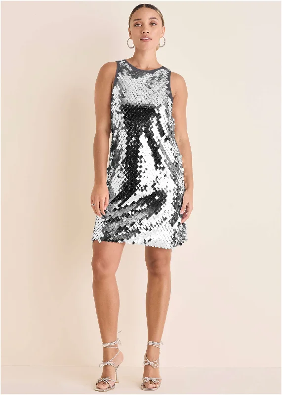 Mirror Sequin Mini Dress - Silver