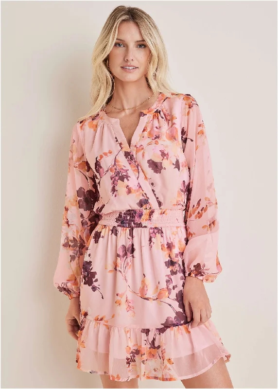 Long Sleeve Floral Mini Dress - Winter Floral