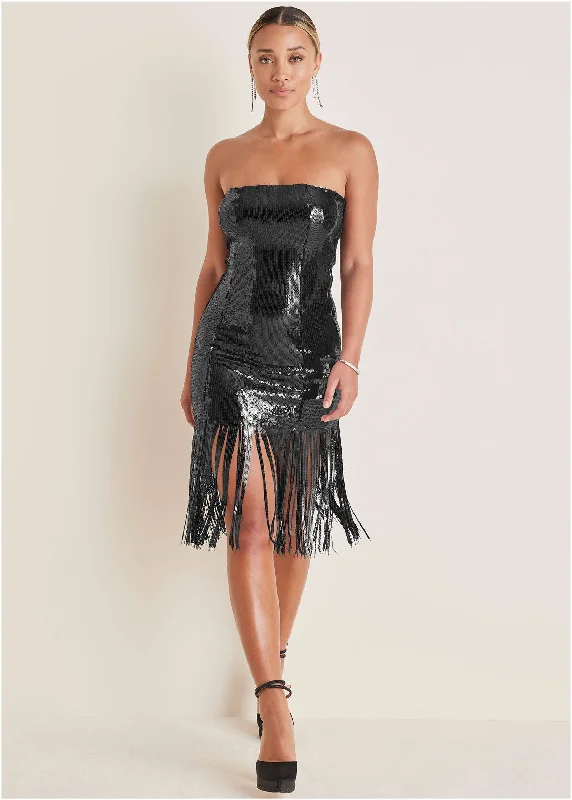 Sequined Fringe Mini Dress - Black