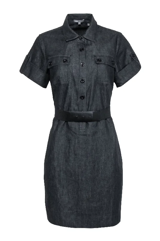 Strapless Women Dress with a Built - in Bra for Comfort and Support Strapless Women Dress with a Built - in Bra for Comfort and Support Vince - Dark Wash Chambray Short Sleeve Dress w/ Belt Sz 8