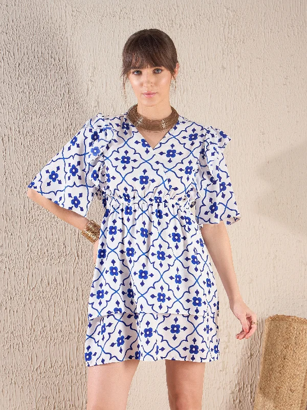 Wrap - Style Women Dress with Adjustable Fit for All Body Types Wrap - Style Women Dress with Adjustable Fit for All Body Types Women Navy Ethnic Print Layered Hem Dress