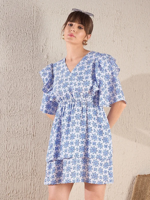 Shift Women Dress with a Simple and Classic Design for Everyday Wear Shift Women Dress with a Simple and Classic Design for Everyday Wear Women Royal Blue Ethnic Print Layered Hem Dress