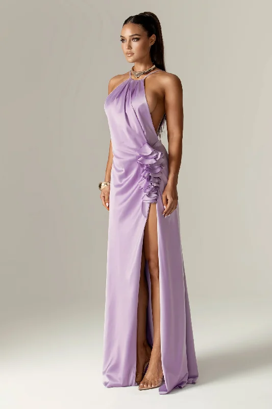 Adela 3D Flowers Thigh Slit Maxi Dress (Pastel Lilac)