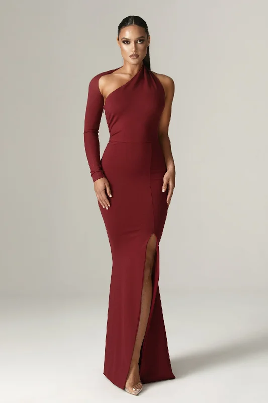 Lilux One Shoulder Modern Maxi Dress (Maroon)