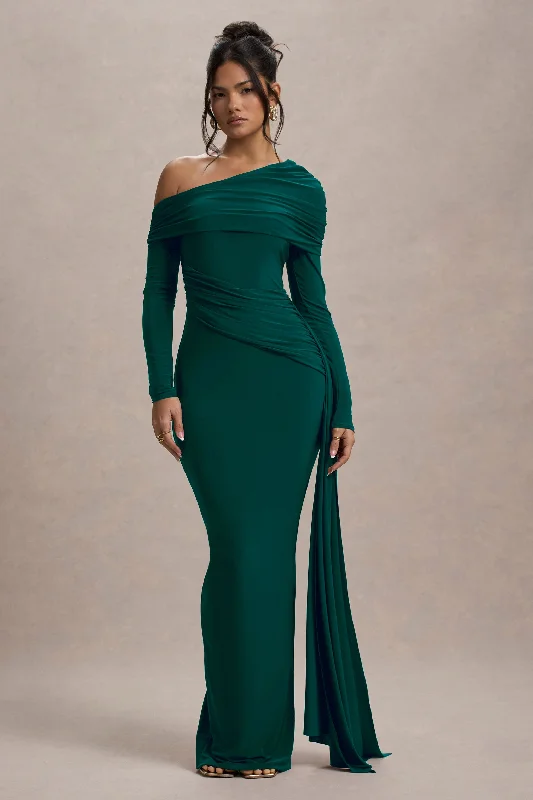 Valina | Green Ruched Asymmetric Maxi Dress With Drape