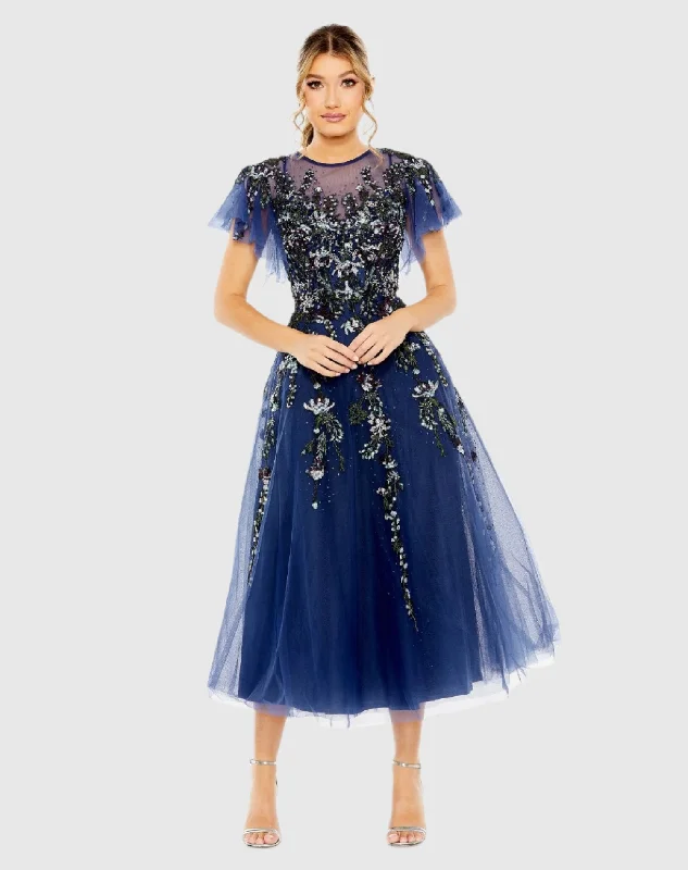 Navy Flutter Sleeve High Neck Embellished Floral Dress