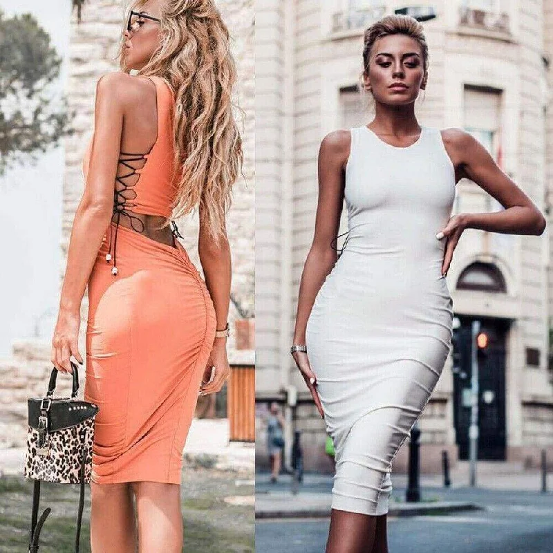 FashionSierra - Bodycon Dress Women Sexy Bandage Side Hollow Out Package Hip Gown Dress Ladies Club Party Slim Short Mini Dress