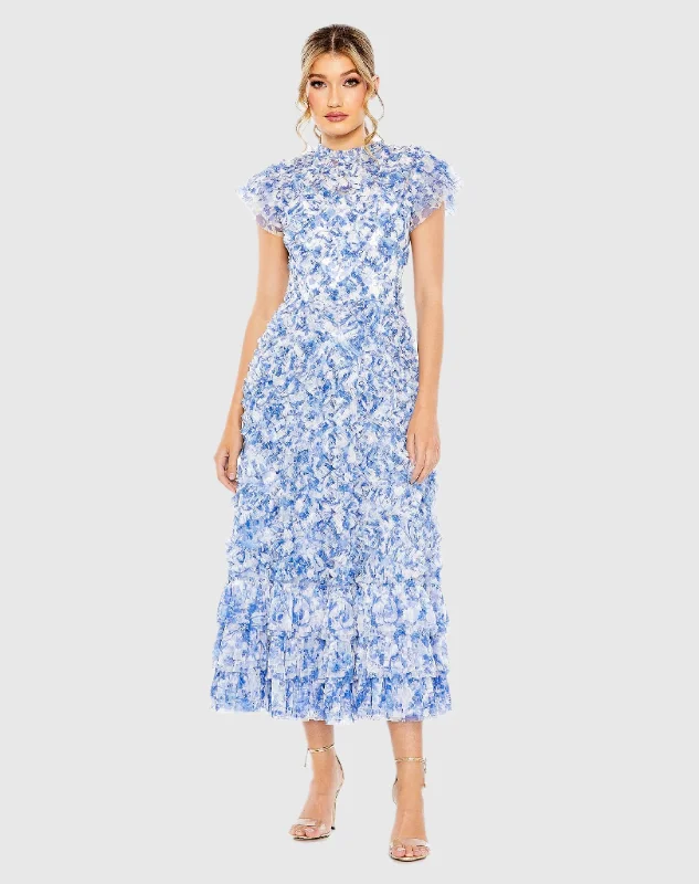 Blue High Neck Ruffle Cap Sleeve Floral Dress