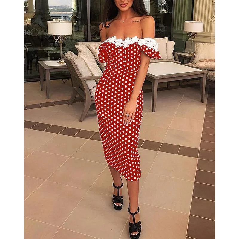 FashionSierra - Lace Applique Off Shoulder Dots Print Dress Women Cold Shoulder Polka Dot Red Summer Dress Slim Fit Casual Party Vestidos