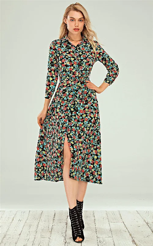 Shirt Dress In Black & & Red Blue Yellow Ditsy Floral Print