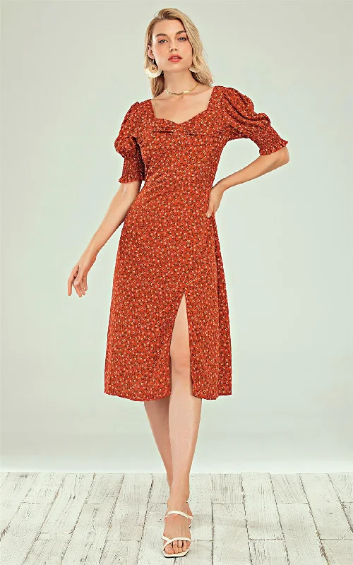 Short Sleeve Split Leg Midi Dress In Red Ditsy Floral Print