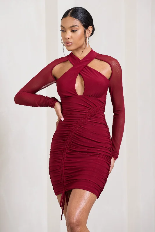 Eyes On You | Berry Long Sleeve Halter Neck Mini Dress