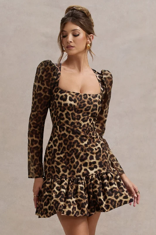 Ombra | Leopard Print Square-Neck Long-Sleeve Mini Dress With Ruffle Hem