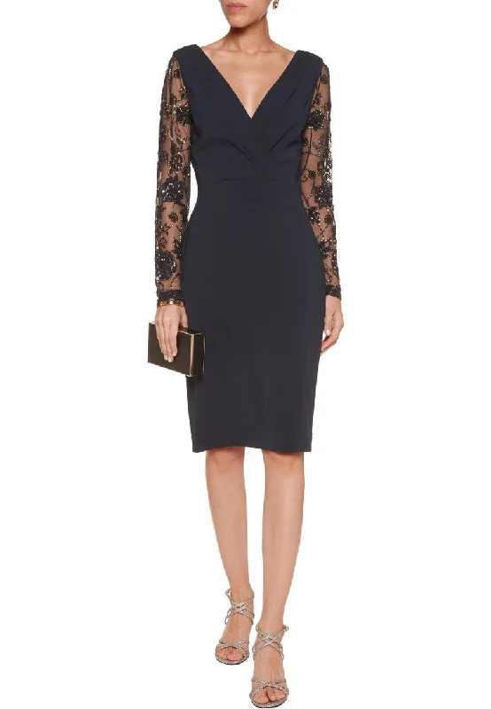 Navy Embellished Long Sleeves Crepe Dress