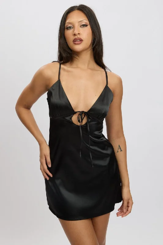 Black Mini Dress Front Tie Strappy Satin