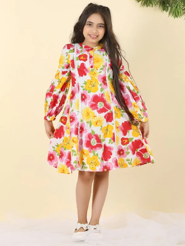 Cutiekins Girls Round Neck Floral Print Dress -White & Red