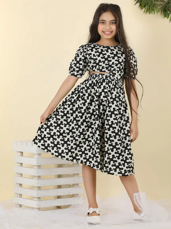 Cutiekins Girls Round-Neck Printed Dress -Off White & Black