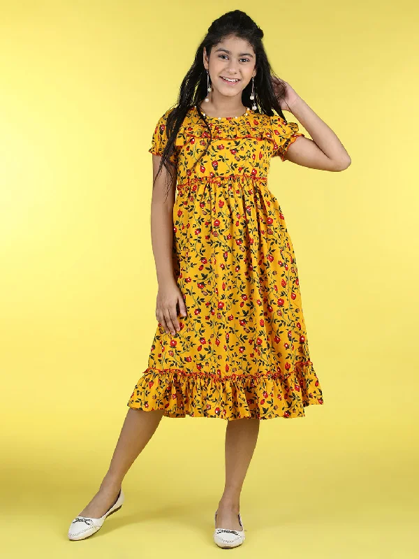 Cutiekins Round Neck Printed Flared Dress-Mustard & Red