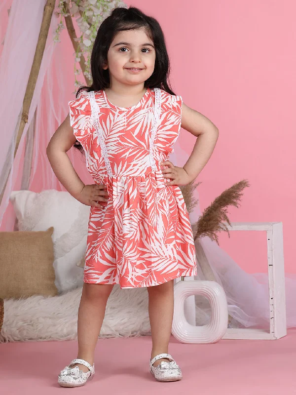 Cutiekins Round Neck Printed Flared Dress-Peach & White