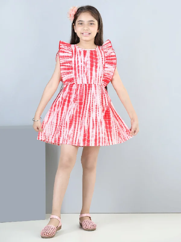 Cutiekins Tie & Dye Printed Side Frilled Sleevless Dress-Red & White