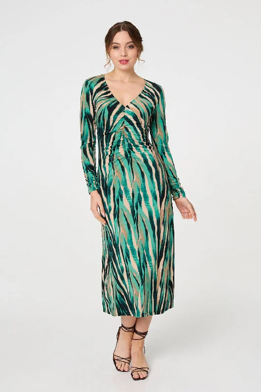 Abstract Print Ruched V-Neck Midi Dress