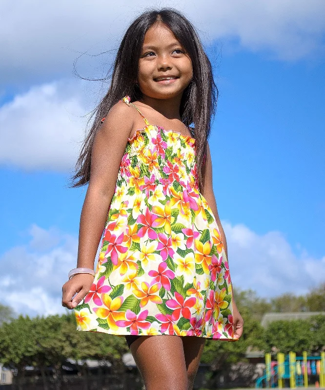 Girl's Hawaiian Smock Dress Plumeria Bunch