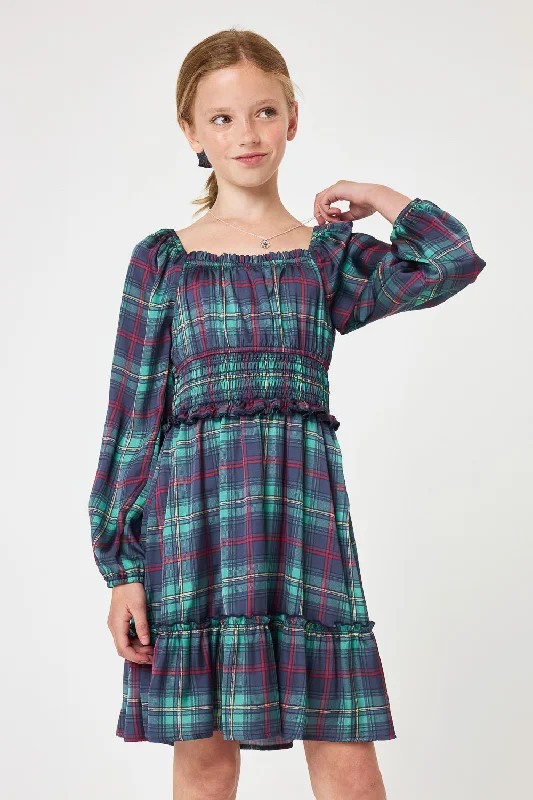 Kids Green Plaid LS Dress w Necklace