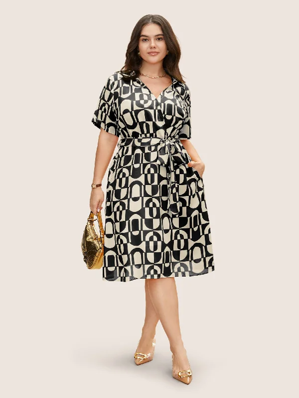 Overlap Collar Geometric Belted Midi Dress