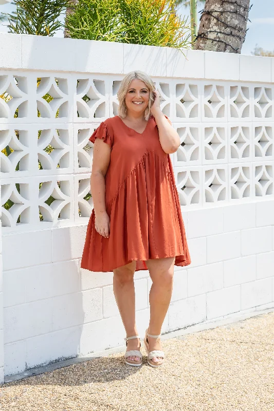 Peak Frill Party Dress in Rust