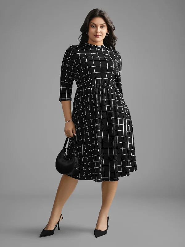 Plaid Mock Neck Elastic Waist Dress