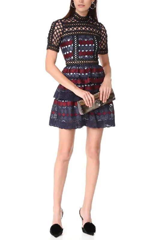 Navy and Red Hexagon Lace Mini Dress