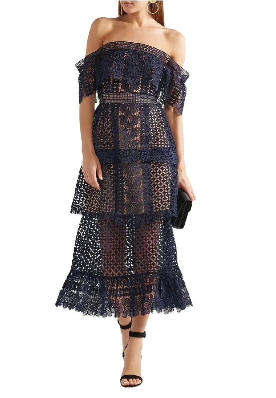 Navy Off Shoulder Guipure Lace Midi Dress