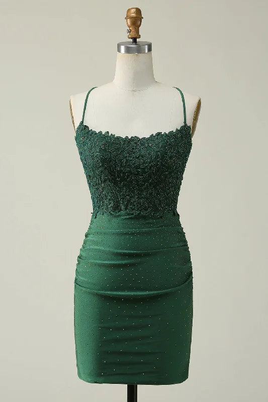 Sheath Spaghetti Straps Dark Green Short Homecoming Dress with Appliques